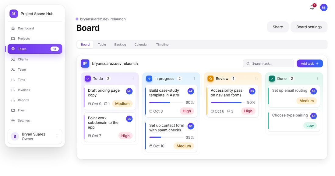 Project Space Hub board with columns and task cards